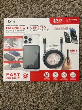 iHome Black Magnetic Wireless Power Bank with USB-C Cable